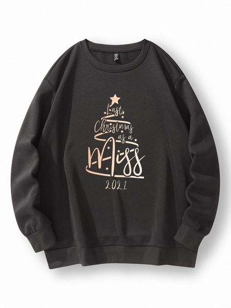 

plus christmas tree & slogan graphic thermal pullover 51l1#, Black