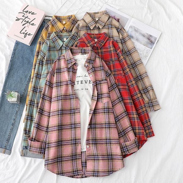 

plaid women blouses shirts tunic womens 2020 womenswear long sleeve clothing button up down outwear loose korean new, White