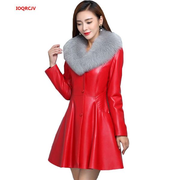 

leather imitation fur collar female long section leather jacket slim plus cotton fashion pu winter winter coat w1416, Black