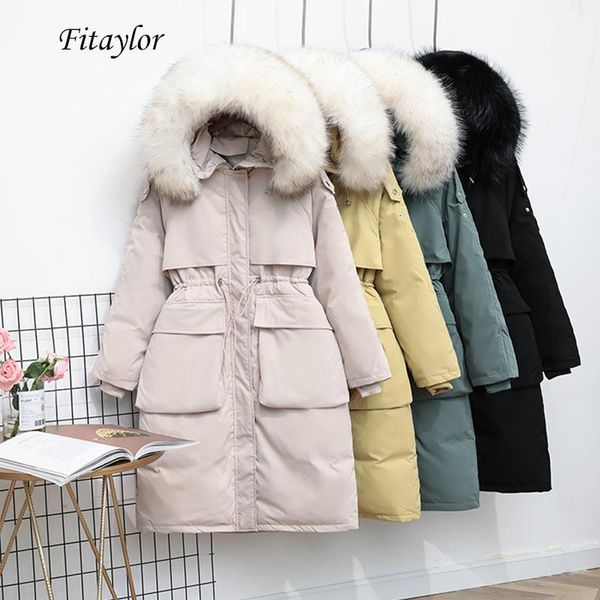 

fitaylor large real raccoon fur collar long down jacket women winter white duck down parka warm loose thickness sash tie up coat, Black
