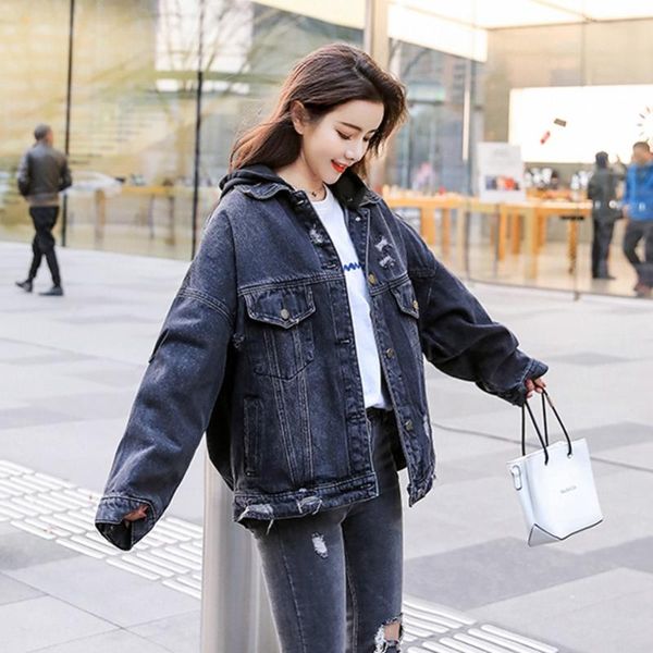 

sexemara fashion spring the new loose hole embroidery hooded wash cowboy jacket ing, Black;brown