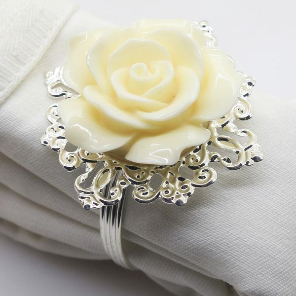 

65*48mm 6 pcs/10 pcs beige resin rose napkin ring, party banquet, wedding decoration, brushed base, silver q wmtfcj