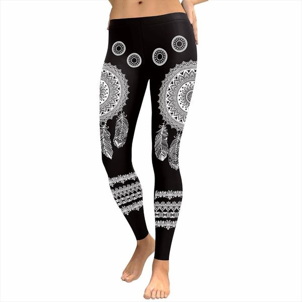 

punk symmetry tattoo print legging 3d pattern women stretch pencil pants female slim breathable bottoms feather printing, Black