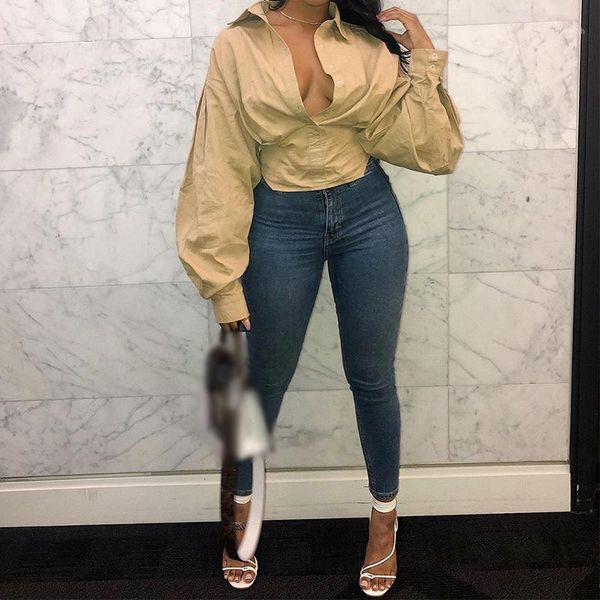 

long lantern sleeve women shirts autumn solid slim turn-down collar womens blouses 2021 spring new ladies and blouses1, White