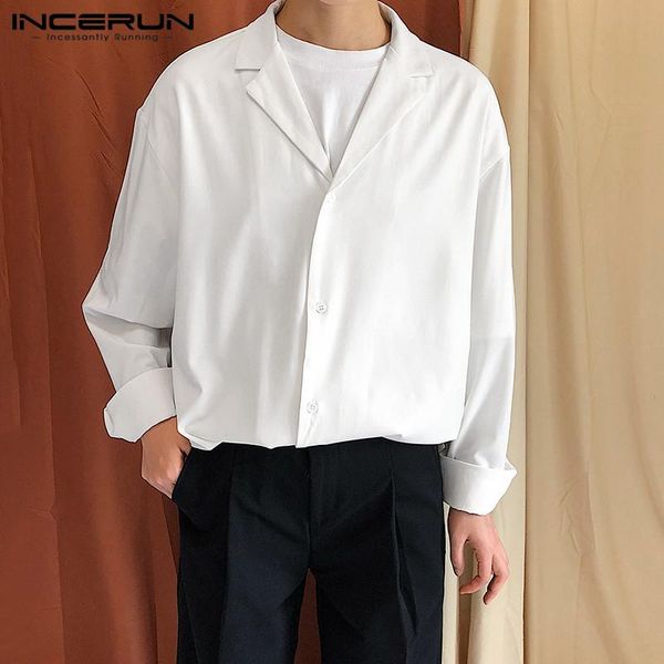 

men shirt solid color leisure korean style lapel long sleeve button streetwear loose casual camisa masculina s-5xl incerun, White;black