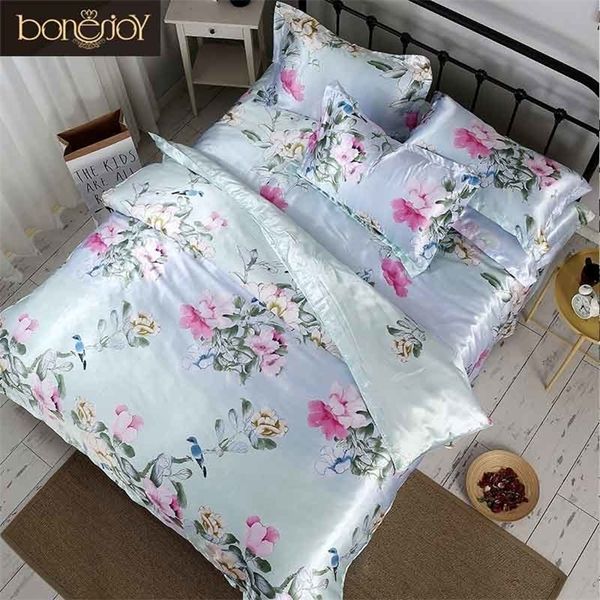 Bonenjoy Biancheria da letto in raso di seta Cina Set di biancheria da letto in seta Queen King Size Copripiumino stampato floreale Biancheria da letto matrimoniale Lenzuola estive LJ200819