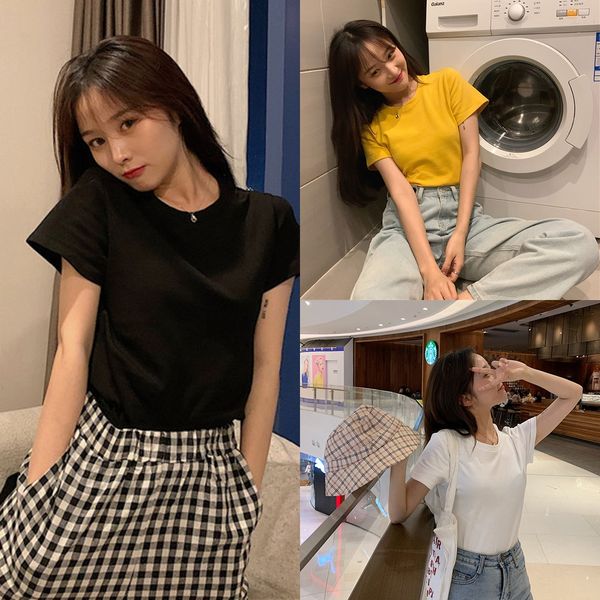 

running volume 6535 cotton 2020 new basic solid color slim fit short sleeve t-shirt t-shirt women ins 0xfes, White