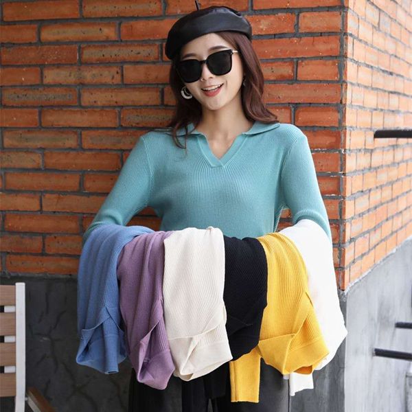 

autumn color solid polo new knitted pullover sleeve 2021 collar slim long winter bottomed women short sweater and tcejw