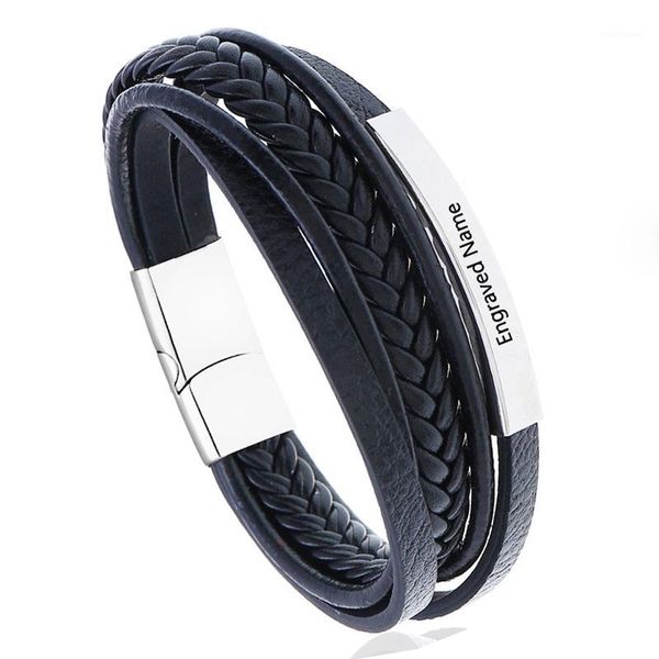 

personalized multi-layer genuine leather bracelets for men women stainless steel id bar custom name date male 19cm 21cm 23cm1, Golden;silver