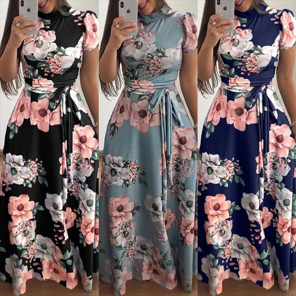 

summer casual womens lace up long dresses short sleeve bodycon floral printed long dress fashion ladies summer flower dress, Black;gray