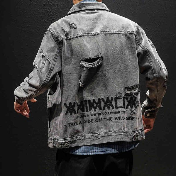 

men's jackets autumn cotton denim solid color hole retro gray motorcycle jeans slim fit s hip hop streetwear 9y5w, Black;brown
