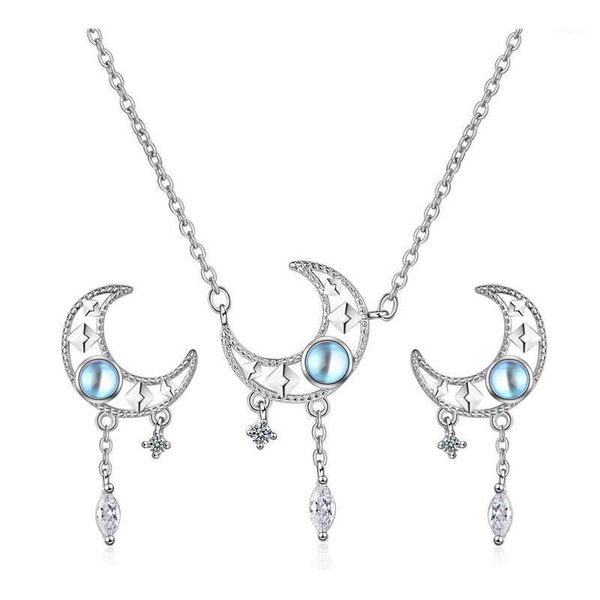 

earrings & necklace sunny you trendy 925 sterling silver hollow moon tassel moonstone jewelry sets for women simple earring gift jewelry1