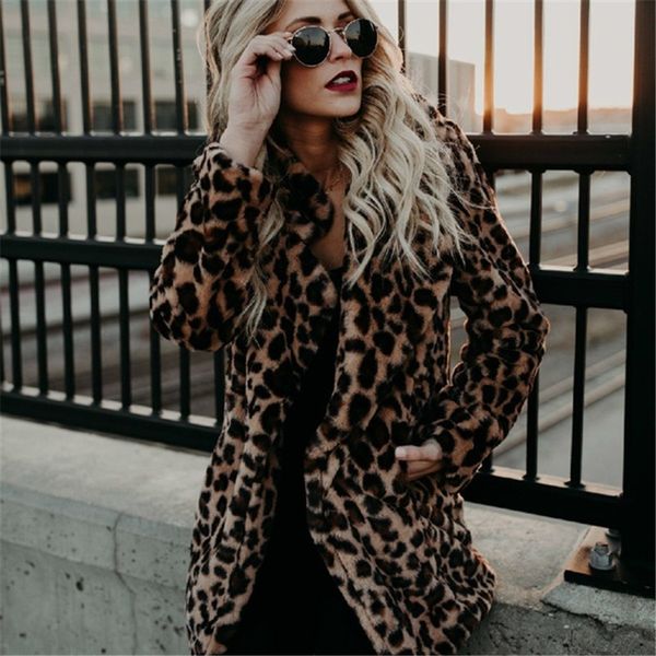 

winter plus size leopard fluffy hair jacket cardigan faux warm long fur coat cape women 201029, Black