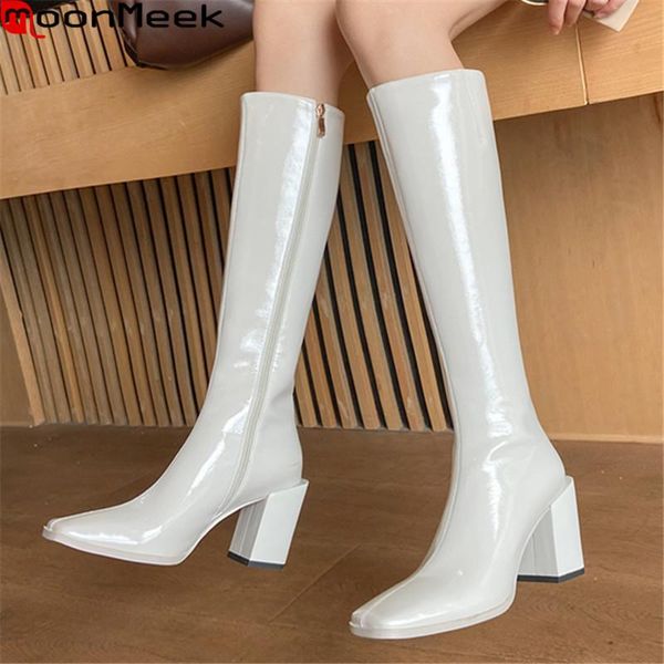 

boots moonmeek 2021 arrival women genuine leather thick high heels square toe autumn winter knee, Black