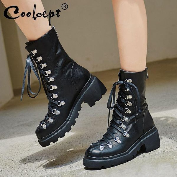 

coolcept trend women ankle boots genuine leather solid color leisure shoes woman autumn winter daily women footwear size 34-39, Black