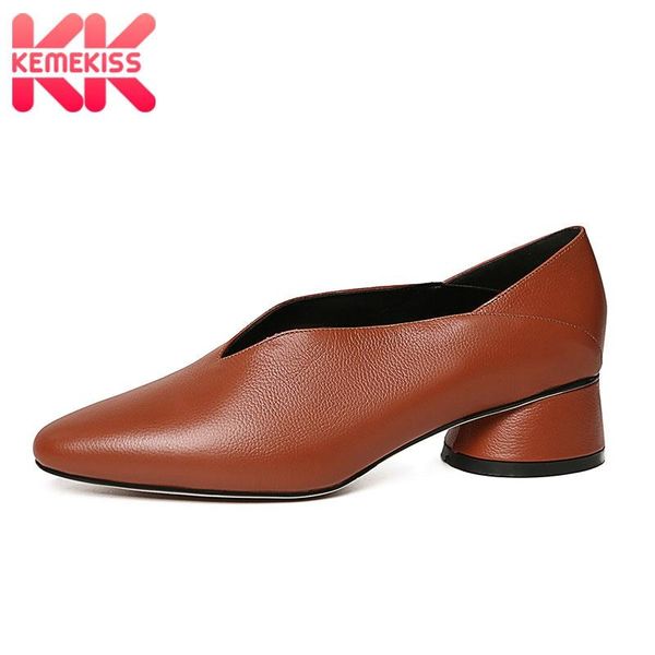 

dress shoes kemekiss real leather women pumps fashion slip on daily casual retro thick heel party female footwear size 33-40, Black