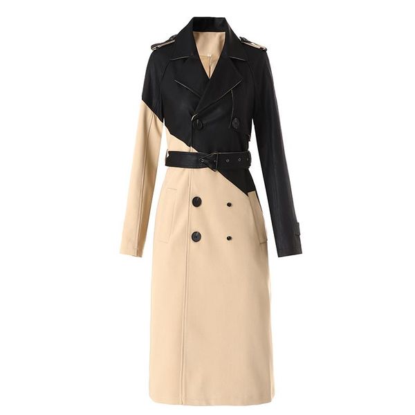 

women's trench coats european autumn winter design sense asymmetric stitching leather chic windbreaker jacket mid-length with belt brit, Tan;black