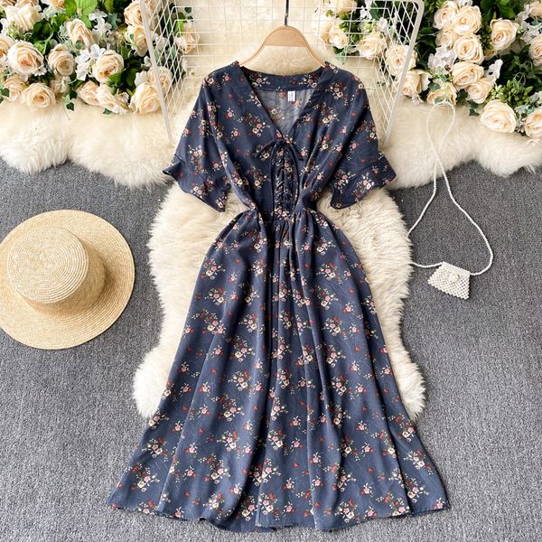 

2021 new vintage floral singiny girly drawstring short-sleeve to the line summer dress dressed in skinny b2kc, Black;gray