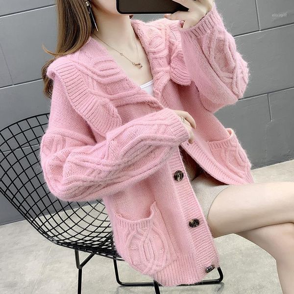 

grand lapel sweater sweater women's coat 2021 new autumn dress outside with loose twist ocean sweet knit women's cardigan1, White