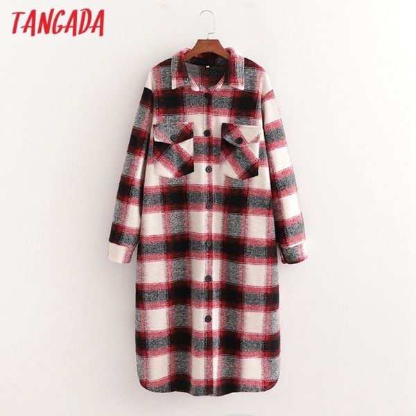 

tangada women 2020 winter elegant red plaid pattern woolen coat loose pockets female outerwear chic overcoat 1d26, Tan;black