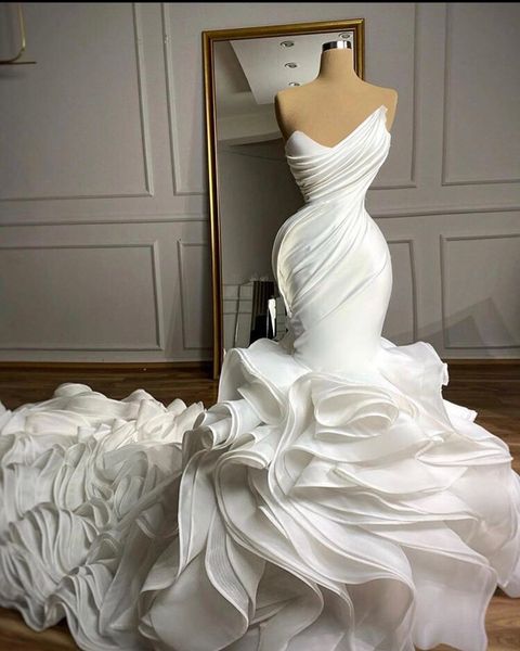 

robe de mariee mermaid wedding dresses 2021 sweetheart organza cathedral train ruffles skirt custom made trumpet bridal gowns, White