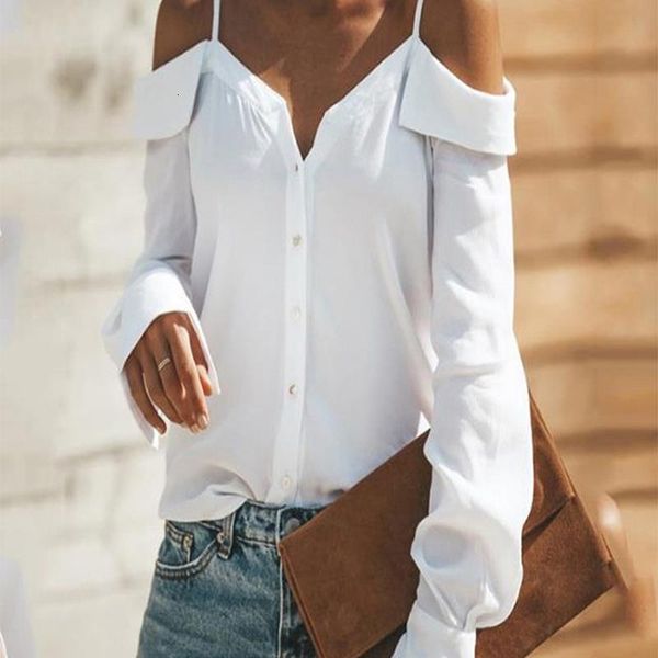 

women 2019 off shoulder blouse women one-shoulder v-neck long-sleeved solid color sling shirt plus size summer women top, White