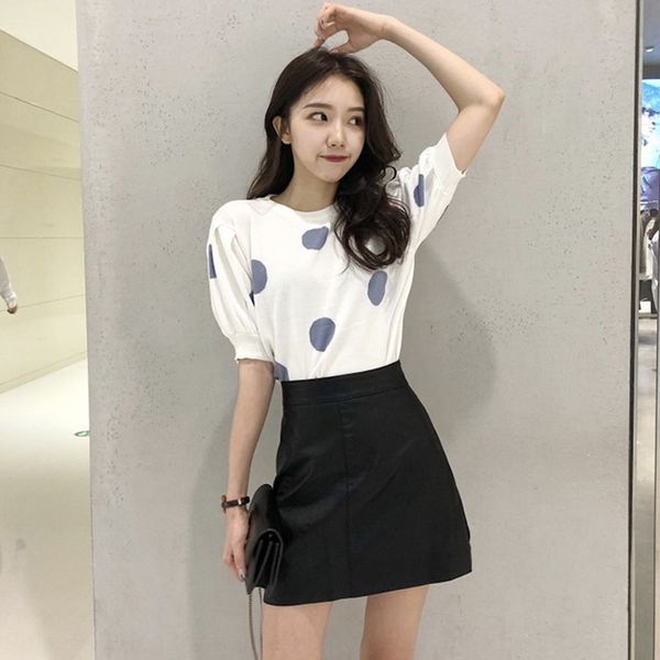 

korean version of sweet fashion wave point short sleeve high waist short skirt skirt in summer 2020 kslnw, Gray