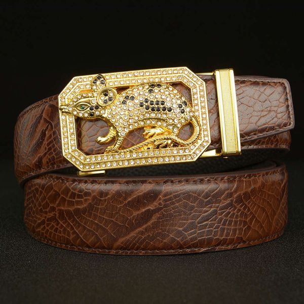 

zodiac mouse inlaid diamond automatic buckle men's layer cow personalized crocodile leather belt, Black;brown