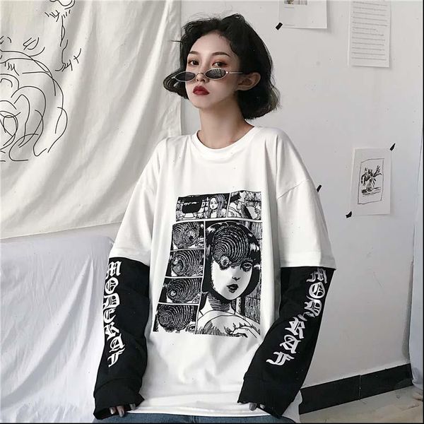 

harajuku women t shirt fake 2 pieces print japanese fujiang horror comics long sleeve t shirt women vetement femme 2021, White