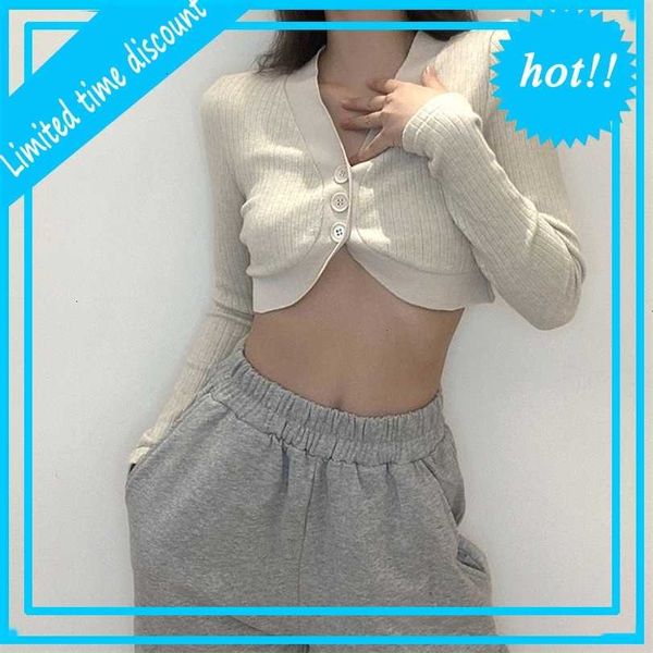 

2021 autumn and winter new women's wear solid color slim v-neck single breasted long sleeve navel exposed knitted t-shirt for women, White