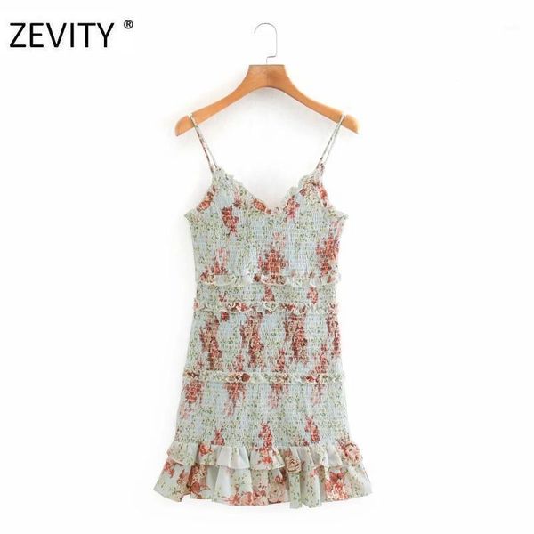 

zevity women sweet pleat ruffles floral print sling dress female v neck casual slim elastic vestidos chic ruffles dresses ds42141, Black;gray