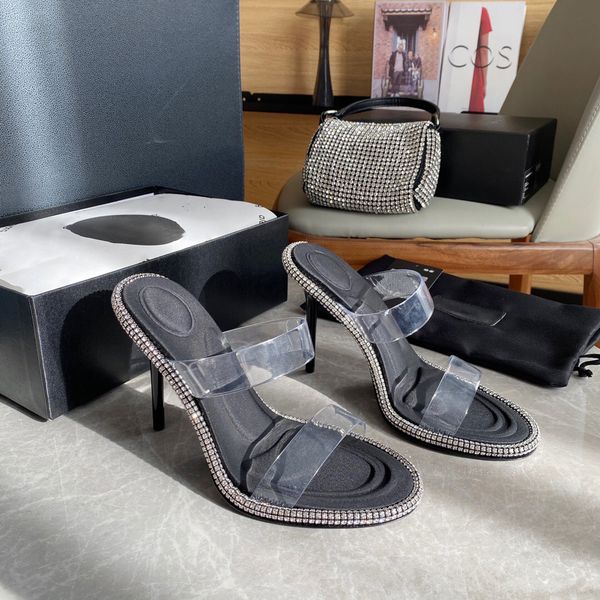 

Top Quality Nova Transparent vinyl stiletto Heels slippers Rhinestones mules Sandals PVC strap high heel luxury designer shoes women party heeled factory footwear, Clear