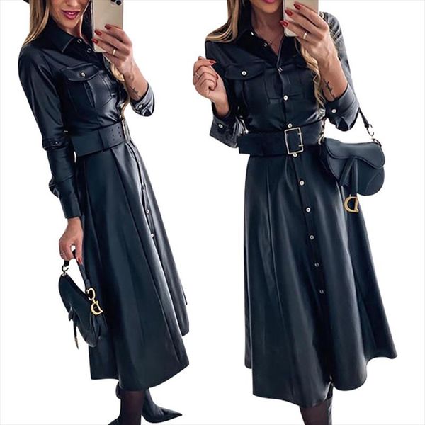 

midi faux leather dress club wear dress office ladies a line buttons dresses belt pu shirts women vintage vestidos, Black;gray