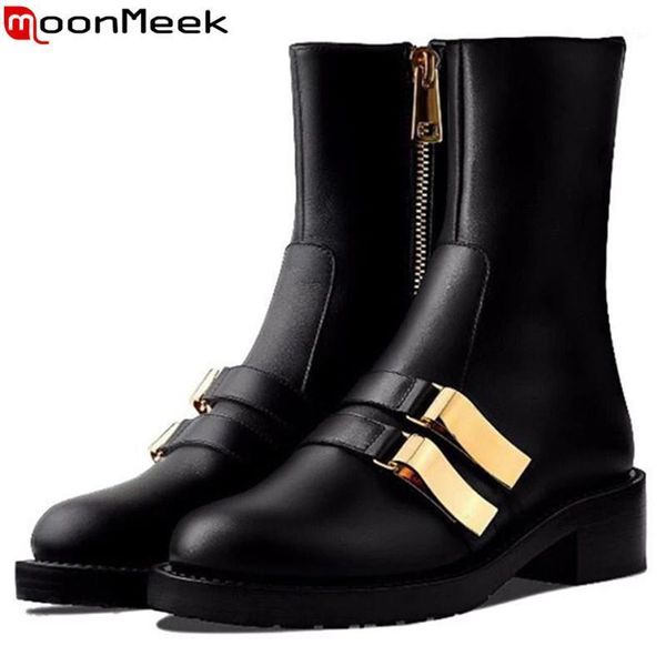 

moonmeek 2021 new genuine leather boots women round toe zip ladies ankle boots med heels classic autumn winter big size1, Black
