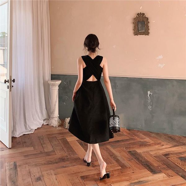

women summer dress elegant hepburn style sleeveless back cross midi a line party dress 2019 new black vestidos, Black;gray