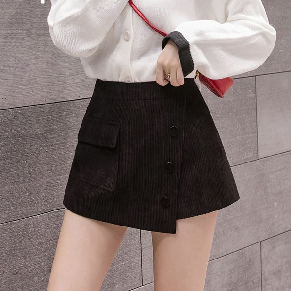 

2021 new winter shorts female skirts high-waist asymmetric button velvet short pants y419 pockets ljky, Black