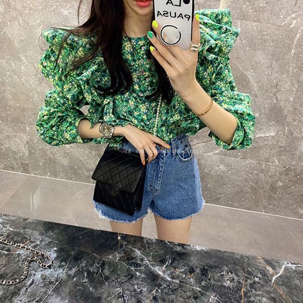 

цветочный принт блуза женщины vintage зеленый оборками блуза корейский топ с длинным рукавом осень рубашки элегантный хлопок harajuku одежда, White