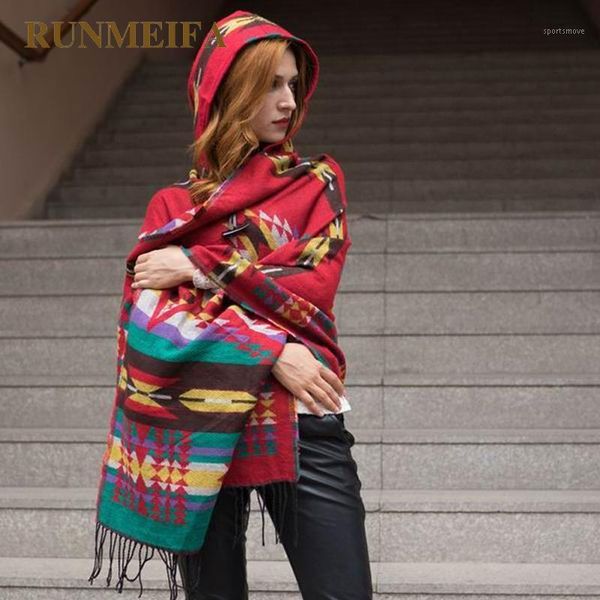 

scarves design women's winter bohemian hooded coat cape poncho shawl scarf imitation cashmeretribal fringe hoodie gifts stock1, Blue;gray