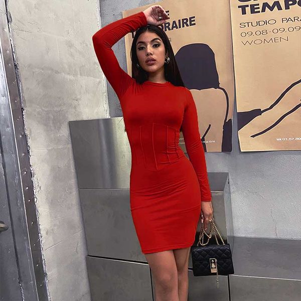 

2021 autumn and winter long sleeve dress european and american slim round neck fold hip dress, Black;gray