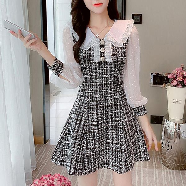 

2021 new autumn and winter tweed woolen dresses women fashion hit color long sleeve elegant sweet vestidos, Black;gray