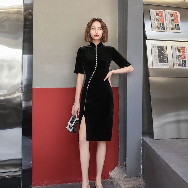 

jk7nq 6821 gushengjiao gold velvet slimming 2020 new chinese style dress fashion improved dress cheongsam cheongsam temperament wydj8, Black;gray