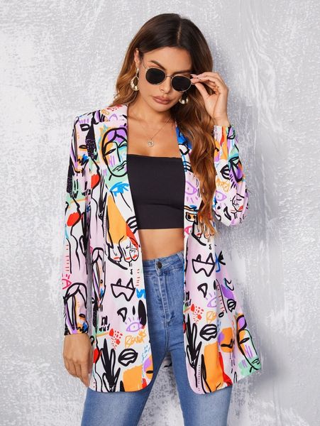 

lapel collar graffiti print open front blazer i5jq#, White;black
