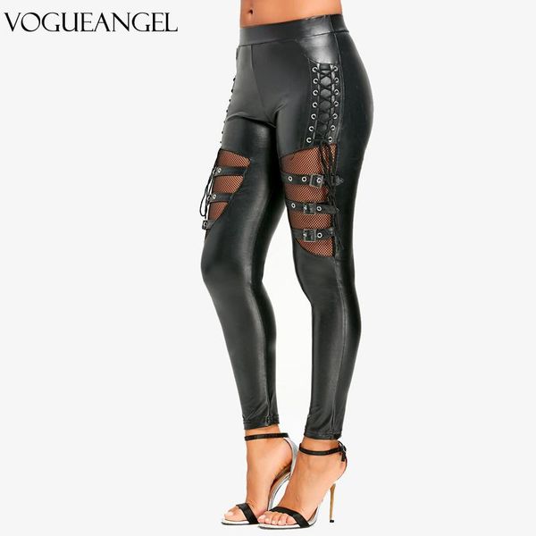 

fishnet insert lace up autumn winter women clothes pu leather pencil leggings thin fleece trousers ladies pants 2xl, Black