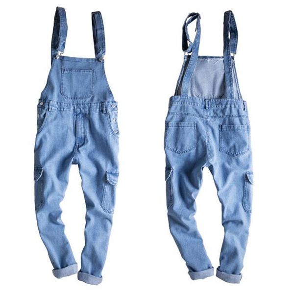 

men's jeans cargo jumpsuit men 2021 summer overalls mens denim jumpsuits rompers slim fit pockets design pants set male clothes, Blue