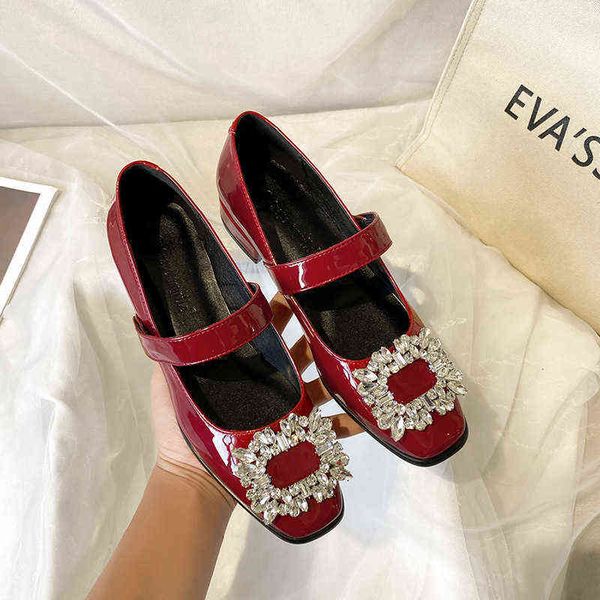 

dress shoes spring flash drill buckle middle herringbone belt bottom thick heel square head mary jane single shoes women's, Black