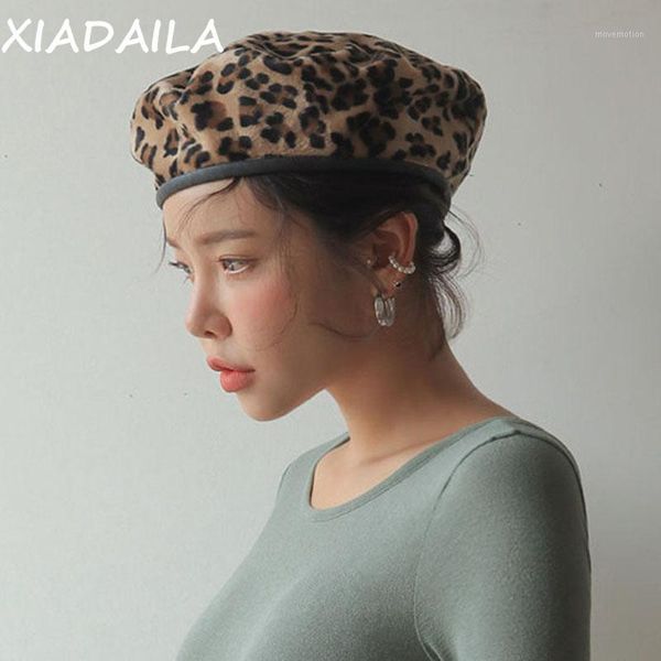 

leopard beret female autumn winter hats for women vintage painter flat cap boina feminina fashion pu leather brim beanie1, Blue;gray