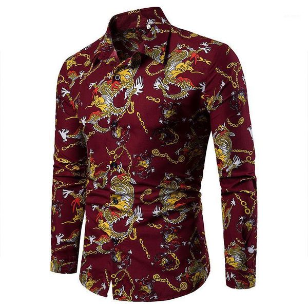 

hawaiian shirt dragon pattern chinese style fashion mens shirt long sleeve blouse men's clothing new black blue red1, White;black
