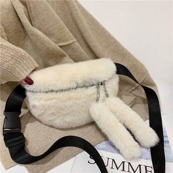 

winter crossbody bags for women plush shoulder bag ladies solid color faux fur chest purse women waist bag c1023