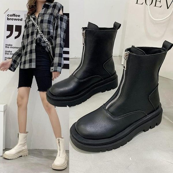 

boots 2021 fashion womens black autumn shoes british style lace-up round toe motorcycle footwear female bootie