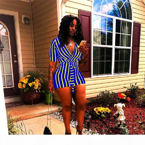 

women short sleeve bandage jumpsuits fashion v neck strip overalls plus size bodysuits shorts summer rompers night clubs wearing 2512, Black;gray